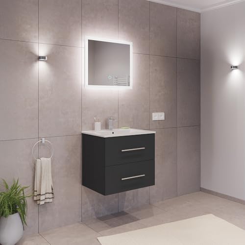 Lomadox Badezimmermöbel Badmöbel Set 2-teilig, Waschtisch Waschplatz 60cm breit mit Waschbecken 2 Softclose Schubladen und LED Spiegel, in grau von Lomadox