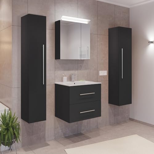 Lomadox Badezimmermöbel Badmöbel Set 2-teilig, Waschtisch Waschplatz 60cm breit mit Waschbecken 2 Softclose Schubladen und LED Spiegel, in grau von Lomadox