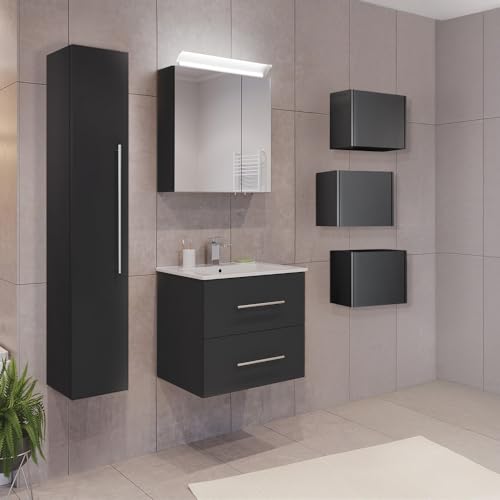 Lomadox Badezimmermöbel Badmöbel Set 2-teilig, Waschtisch Waschplatz 60cm breit mit Waschbecken 2 Softclose Schubladen und LED Spiegel, in grau von Lomadox