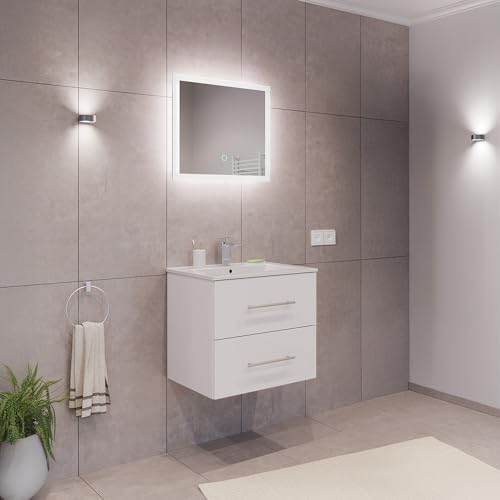 Lomadox Badezimmermöbel Badmöbel Set 2-teilig, Waschtisch Waschplatz 60cm breit mit Waschbecken 2 Softclose Schubladen und LED Spiegel, in weiß von Lomadox