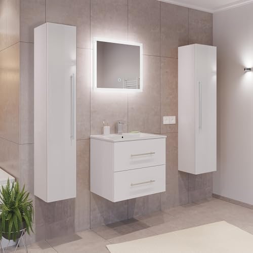Lomadox Badezimmermöbel Badmöbel Set 2-teilig, Waschtisch Waschplatz 60cm breit mit Waschbecken 2 Softclose Schubladen und LED Spiegel, in weiß von Lomadox