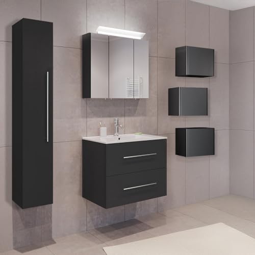 Lomadox Badezimmermöbel Badmöbel Set 2-teilig, Waschtisch Waschplatz 70cm breit, 2 Softclose-Schubladen mit Waschbecken und LED Spiegel, in grau von Lomadox