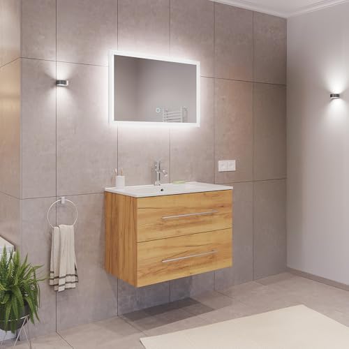 Lomadox Badezimmermöbel Badmöbel Set 2-teilig, Waschtisch Waschplatz 80cm breit mit Waschbecken und LED Spiegel, in Eiche von Lomadox