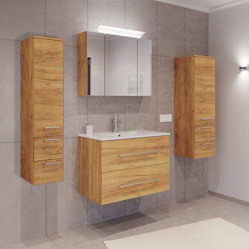 Lomadox Badezimmermöbel Badmöbel Set 2-teilig, Waschtisch Waschplatz 80cm breit mit Waschbecken und LED Spiegel, in Eiche von Lomadox