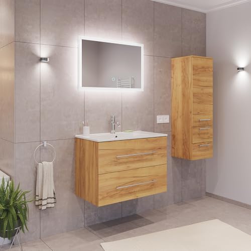 Lomadox Badezimmermöbel Badmöbel Set 2-teilig, Waschtisch Waschplatz 80cm breit mit Waschbecken und LED Spiegel, in Eiche von Lomadox