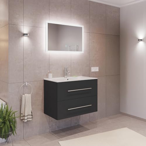 Lomadox Badezimmermöbel Badmöbel Set 2-teilig, Waschtisch Waschplatz 80cm breit mit Waschbecken und LED Spiegel, in grau von Lomadox
