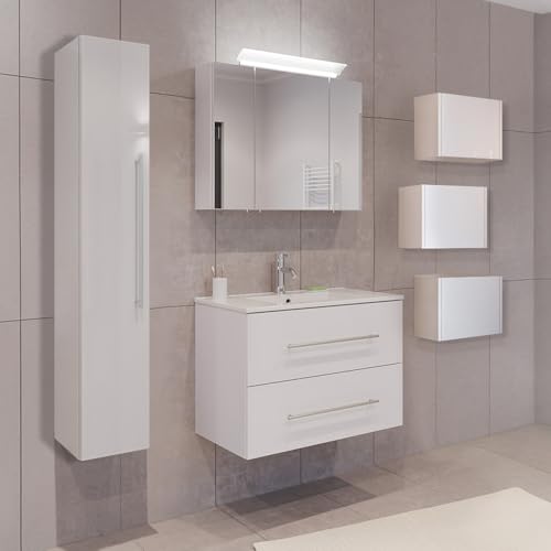 Lomadox Badezimmermöbel Badmöbel Set 2-teilig, Waschtisch Waschplatz 80cm breit mit Waschbecken und LED Spiegel, in weiß von Lomadox
