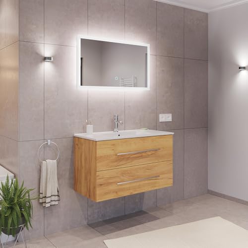 Lomadox Badezimmermöbel Badmöbel Set 2-teilig, Waschtisch Waschplatz 90cm breit mit Waschbecken, 2 Softclose-Schubladen und LED Spiegel, in Eiche von Lomadox
