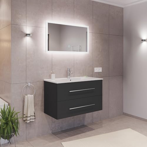 Lomadox Badezimmermöbel Badmöbel Set 2-teilig, Waschtisch Waschplatz 90cm breit mit Waschbecken, 2 Softclose-Schubladen und LED Spiegel, in grau von Lomadox