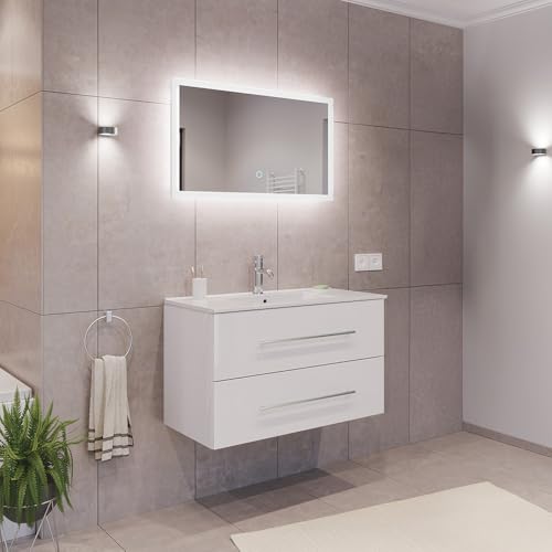 Lomadox Badezimmermöbel Badmöbel Set 2-teilig, Waschtisch Waschplatz 90cm breit mit Waschbecken, 2 Softclose-Schubladen und LED Spiegel, in weiß von Lomadox
