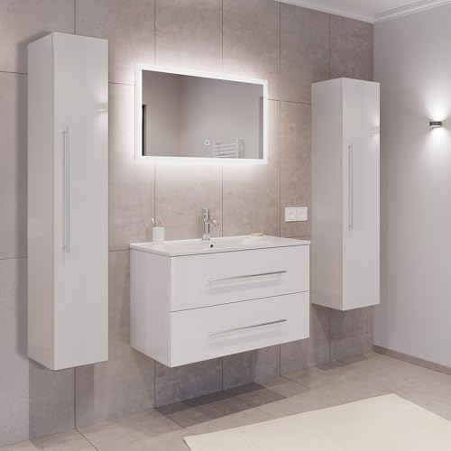 Lomadox Badezimmermöbel Badmöbel Set 2-teilig, Waschtisch Waschplatz 90cm breit mit Waschbecken, 2 Softclose-Schubladen und LED Spiegel, in weiß von Lomadox