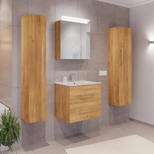 Lomadox Badezimmermöbel Badmöbel Set 2-teilig, Waschtisch Waschplatz 60cm breit mit Waschbecken 2 Softclose Schubladen und LED Spiegel, in Eiche Lomadox Badezimmermöbel Badmöbel Set 2-teilig, Waschtisch Waschplatz 60cm breit mit Waschbecken 2 Softclose Schubladen und LED Spiegel, in Eiche von Lomadox