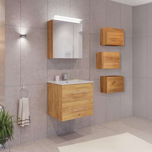 Lomadox Badezimmermöbel Badmöbel Set 2-teilig, Waschtisch Waschplatz 60cm breit mit Waschbecken 2 Softclose Schubladen und LED Spiegel, in Eiche Lomadox Badezimmermöbel Badmöbel Set 2-teilig, Waschtisch Waschplatz 60cm breit mit Waschbecken 2 Softclose Schubladen und LED Spiegel, in Eiche von Lomadox