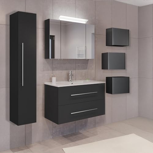 Lomadox Badezimmermöbel Badmöbel Set 2-teilig, Waschtisch Waschplatz 90cm breit mit Waschbecken, 2 Softclose-Schubladen und LED Spiegel, in grau Lomadox Badezimmermöbel Badmöbel Set 2-teilig, Waschtisch Waschplatz 90cm breit mit Waschbecken, 2 Softclose-Schubladen und LED Spiegel, in grau von Lomadox