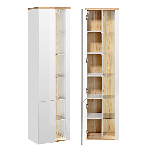 Lomadox Badezimmermöbel Hochschrank Vitrinenschrank Seitenschrank mit LED-Beleuchtung, Hochglanz weiß mit Wotaneiche Nb, B/H/T ca. 35/175/35 cm von Lomadox