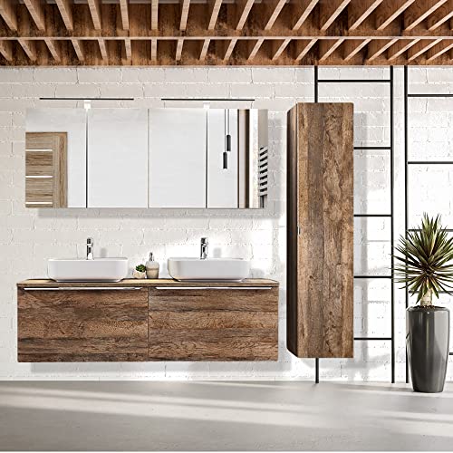 Lomadox Badezimmermöbel Komplett Badmöbel Set Vintage Oak Eiche Nb, 2 Keramik-Waschtische mit 160cm Unterschrank, 2 LED-Spiegelschränke, Hochschrank von Lomadox