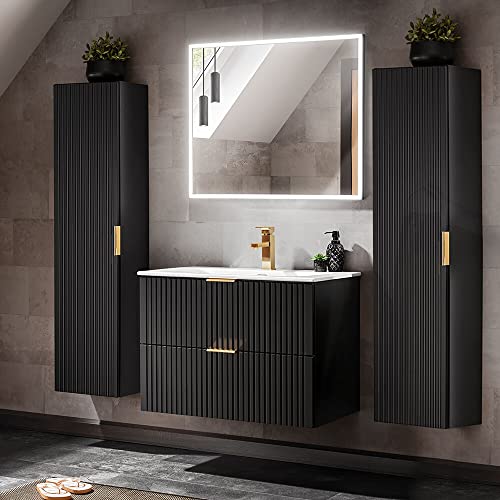 Lomadox Badezimmermöbel Komplett Set, matt schwarz in Rillenoptik, 80cm Waschtisch mit Unterschrank, Keramik Waschbecken, LED-Spiegel, Hochschrank, B/H/T 180/200/46 cm Lomadox Badezimmermöbel Komplett Set, matt schwarz in Rillenoptik, 80cm Waschtisch mit Unterschrank, Keramik Waschbecken, LED-Spiegel, Hochschrank, B/H/T 180/200/46 cm von Lomadox