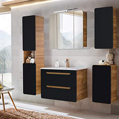 Badezimmermöbel Komplett Set mit Keramik-Waschbecken mit 80 cm Waschtisch-Unterschrank, seidenmatt antrhazit mit Wotan Eiche Nb., Hochschrank, Hängeschrank, Unterschrank und LED-Spiegelschrank Badezimmermöbel Komplett Set mit Keramik-Waschbecken mit 80 cm Waschtisch-Unterschrank, seidenmatt antrhazit mit Wotan Eiche Nb., Hochschrank, Hängeschrank, Unterschrank und LED-Spiegelschrank von Lomadox
