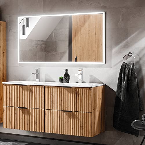 Lomadox Badezimmermöbel Set, Wotaneiche Rillenoptik, 120cm Waschtisch mit Unterschrank, Keramik Waschbecken, LED-Spiegel, B/H/T 121/200/46 cm Lomadox Badezimmermöbel Set, Wotaneiche Rillenoptik, 120cm Waschtisch mit Unterschrank, Keramik Waschbecken, LED-Spiegel, B/H/T 121/200/46 cm von Lomadox