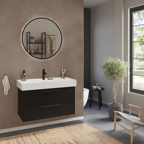 Lomadox Badezimmermöbel Set 2-teilig Waschtisch 100cm Breite in schwarz, LED-Spiegel rund Lomadox Badezimmermöbel Set 2-teilig Waschtisch 100cm Breite in schwarz, LED-Spiegel rund von Lomadox