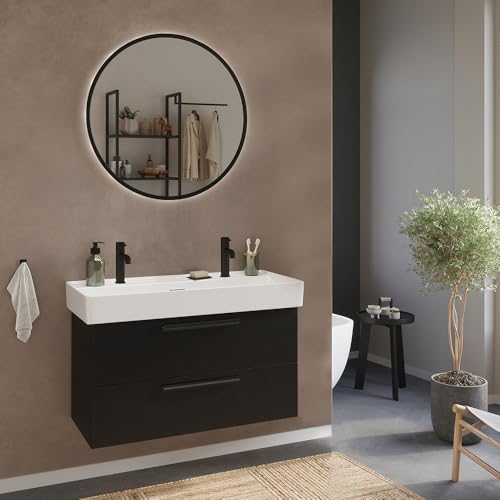 Lomadox Badezimmermöbel Set 2-teilig Waschtisch für 2 Armaturen, in schwarz mit rundem LED-Spiegel Lomadox Badezimmermöbel Set 2-teilig Waschtisch für 2 Armaturen, in schwarz mit rundem LED-Spiegel von Lomadox