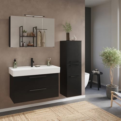 Lomadox Badezimmermöbel Set 3-teilig Waschtisch 100cm Breite in schwarz, Spiegelschrank mit Aufbauleuchte & Midischrank von Lomadox