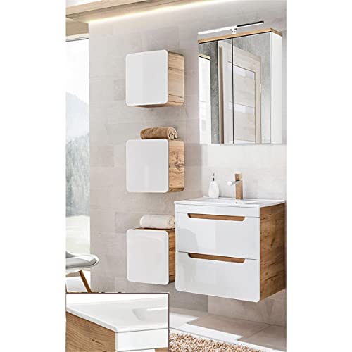 Lomadox Badezimmermöbel Set Hochglanz weiß mit Wotan Eiche Nb., 61 cm Waschtischunterschrank mit Keramik-Waschtisch, LED-Spiegelschrank & 3 Hängeschränke von Lomadox