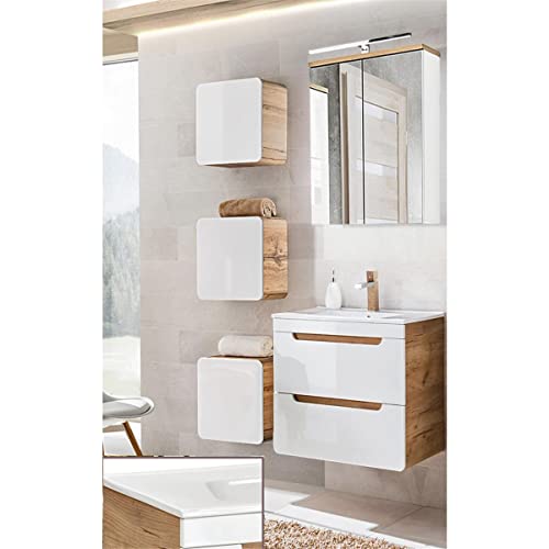 Lomadox Badezimmermöbel Set Hochglanz weiß mit Wotan Eiche Nb., 61 cm Waschtischunterschrank mit Keramik-Waschtisch, LED-Spiegelschrank & 3 Hängeschränke von Lomadox