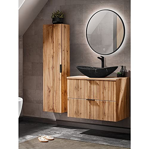 Lomadox Badezimmermöbel Set Wotaneiche gerillt, 80 cm Unterschrank mit Keramik Waschbecken schwarz, Hochschrank und LED-Spiegel mit Hintergrundbeleuchtung von Lomadox