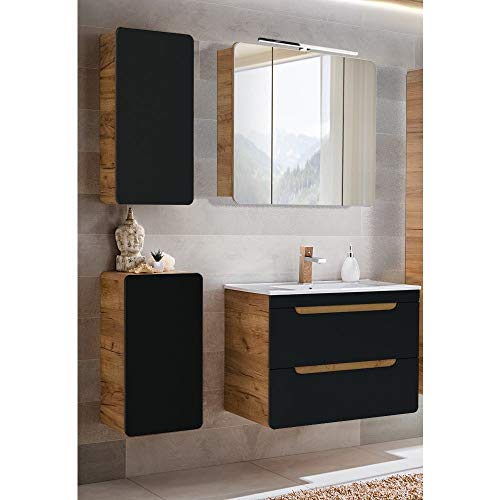 Lomadox Badezimmermöbel Set in seidenmatt anthrazit mit Wotan Eiche Nb., 81 cm Keramik-Waschtisch mit Unterschrank, LED-Spiegelschrank, Unterschrank & Hängeschrank von Lomadox