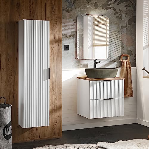 Lomadox Badezimmermöbel Set matt weiß gerillt mit Eiche, 60 cm Waschtisch-Unterschrank mit Keramik-Waschbecken, Spiegel mit LED-Beleuchtung & Hochschrank von Lomadox
