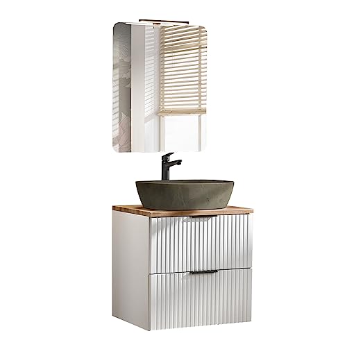 Lomadox Badezimmermöbel Set matt weiß gerillt mit Eiche, 60 cm Waschtisch-Unterschrank mit Keramik-Waschbecken, Spiegel mit LED von Lomadox