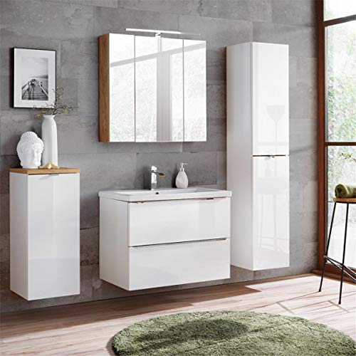 Lomadox Badezimmermöbel Set mit 80cm Keramik-Waschtisch, Hochglanz weiß & Wotaneiche, inkl. LED-Spiegelschrank 3D von Lomadox