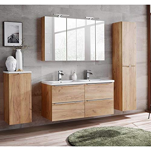 Lomadox Badezimmermöbel Set mit Doppelbecken & 2X LED-Spiegelschrank Wotaneiche & weiß Hochglanz, Breite 230cm von Lomadox