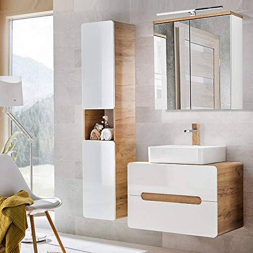 Lomadox Badezimmermöbel Set mit Keramik-Waschtisch mit 80 cm Unterschrank, Hochglanz weiß mit Wotan Eiche Nb., Hochschrank und LED-Spiegelschrank Lomadox Badezimmermöbel Set mit Keramik-Waschtisch mit 80 cm Unterschrank, Hochglanz weiß mit Wotan Eiche Nb., Hochschrank und LED-Spiegelschrank von Lomadox