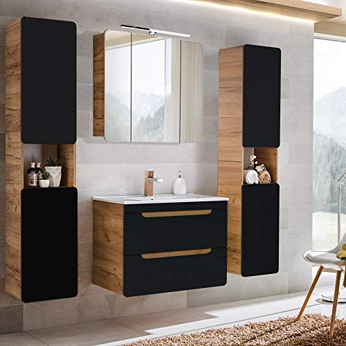 Lomadox Badezimmermöbel Set mit Keramik-Waschtisch mit 81 cm Unterschrank, seidenmatt antrhazit mit Wotan Eiche Nb., 2 Hochschränke und LED-Spiegelschrank Lomadox Badezimmermöbel Set mit Keramik-Waschtisch mit 81 cm Unterschrank, seidenmatt antrhazit mit Wotan Eiche Nb., 2 Hochschränke und LED-Spiegelschrank von Lomadox