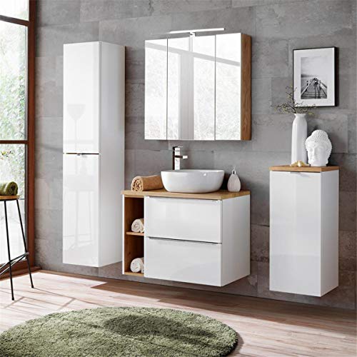 Lomadox Badezimmermöbel Set mit LED-Spiegelschrank 3D Wotaneiche & weiß Hochglanz, mit Soft-Close von Lomadox