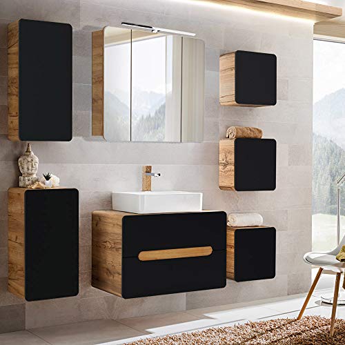 Lomadox Badezimmermöbel Set mit Waschtischunterschrank mit Keramik-Waschbecken & LED-Spiegelschrank, seidenmatt anthrazit mit Wotan Eiche Nb., B/H/T ca. 180/200/46 cm Lomadox Badezimmermöbel Set mit Waschtischunterschrank mit Keramik-Waschbecken & LED-Spiegelschrank, seidenmatt anthrazit mit Wotan Eiche Nb., B/H/T ca. 180/200/46 cm von Lomadox
