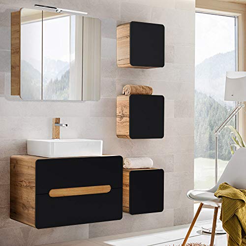 Lomadox Badezimmermöbel Set seidenmatt anthrazit mit Wotan Eiche Nb., 80 cm Waschtischunterschrank mit Keramik-Waschtbecken, LED-Spiegelschrank & 3 Hängeschränke von Lomadox