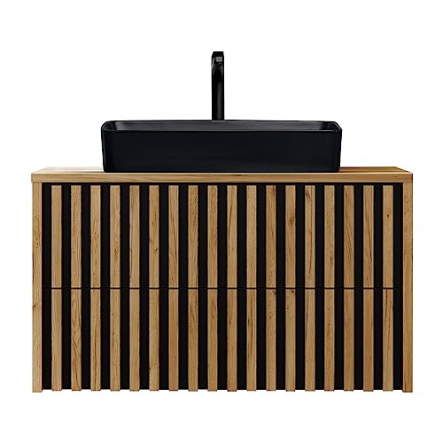 Lomadox Badezimmermöbel Waschtisch mit Lamellenfront Unterschrank 100 cm Keramik Aufsatzwaschbecken Eiche Nb. mit schwarz B/H/T 100,4/73,5/45,5 cm Lomadox Badezimmermöbel Waschtisch mit Lamellenfront Unterschrank 100 cm Keramik Aufsatzwaschbecken Eiche Nb. mit schwarz B/H/T 100,4/73,5/45,5 cm von Lomadox