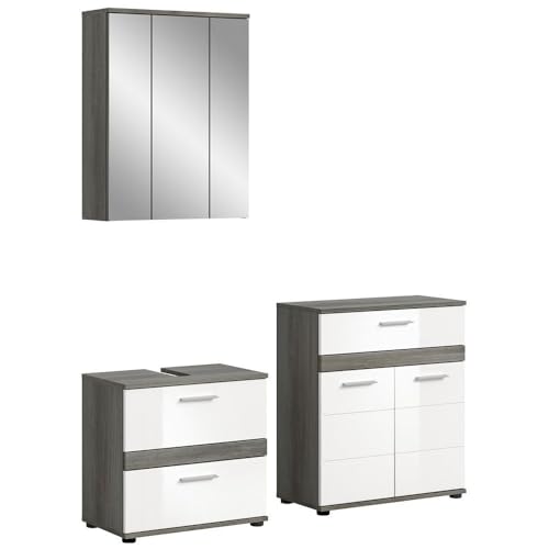 Lomadox Badkombination 3-teilig, in Rauchsilber Nachbildung mit Front in weiß Hochglanz tiefzieh, Höhe 191 cm, Badmöbel-Set, Waschbeckenunterschrank, Spiegelschrank, Badkommode von Lomadox