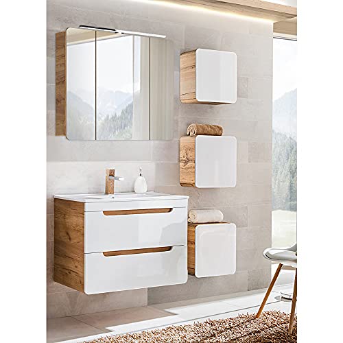 Lomadox Badmöbel Badezimmermöbel Set, Hochglanz weiß mit Wotan Eiche Nb., Waschtisch-Unterschrank mit 81 cm Keramik-Waschbecken, LED-Spiegelschrank, 3 Hängeschränke von Lomadox