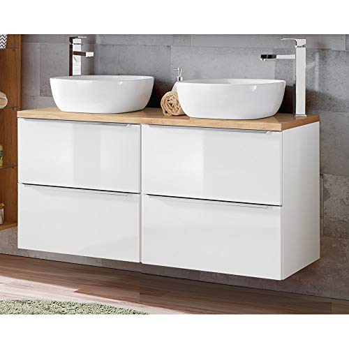 Lomadox Badmöbel Doppel-Waschtisch Set, 121cm Waschtischunterschrank in Hochglanz weiß mit Wotaneiche, inkl. 2 Keramik Aufsatzwaschbecken Lomadox Badmöbel Doppel-Waschtisch Set, 121cm Waschtischunterschrank in Hochglanz weiß mit Wotaneiche, inkl. 2 Keramik Aufsatzwaschbecken von Lomadox