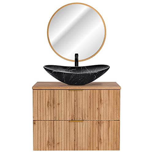 Lomadox Badmöbel Gäste WC Bad Set, 80 cm Waschtisch mit Unterschrank Wotaneiche Keramik Waschbecken schwarz, LED-Spiegel Gold von Lomadox