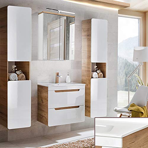 Lomadox Badmöbel KOmplett Set, Hochglanz weiß mit Wotaneiche, 60cm Keramik-Waschtisch & LED-Spiegelschrank & 2 Hochschränke Lomadox Badmöbel KOmplett Set, Hochglanz weiß mit Wotaneiche, 60cm Keramik-Waschtisch & LED-Spiegelschrank & 2 Hochschränke von Lomadox