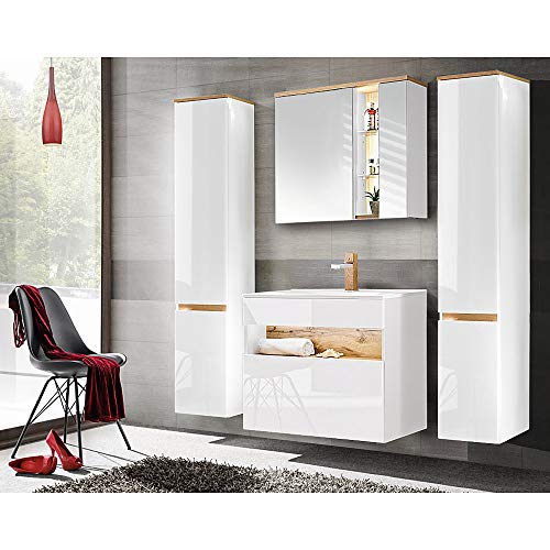 Lomadox Badmöbel Komplett Set, 80cm Unterschrank mit Keramik Waschbecken, Hochglanz weiß mit Wotaneiche, 2 Hochschränke und LED-Spiegelschrank Lomadox Badmöbel Komplett Set, 80cm Unterschrank mit Keramik Waschbecken, Hochglanz weiß mit Wotaneiche, 2 Hochschränke und LED-Spiegelschrank von Lomadox