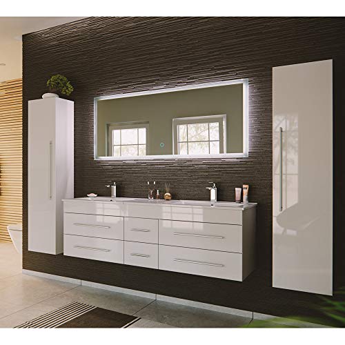 Lomadox Badmöbel Komplett Set, Hochglanz weiß, 151 cm Waschtisch-Unterschrank, 2 Waschbecken, LED-Spiegel, 2 Hochschränke von Lomadox
