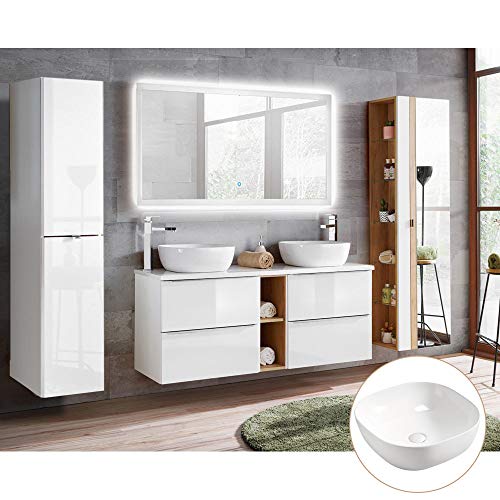 Lomadox Badmöbel Komplett Set, Hochglanz weiß, Doppel-Waschtisch-Unterschrank mit Rehal, 2 Keramik Aufsatz-Waschbecken, 140cm LED-Spiegel mit Hintergrundbeleuchtung und 2 Hochschränke von Lomadox