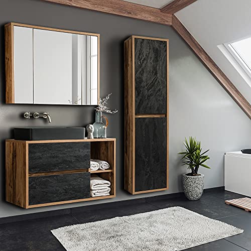 Lomadox Badmöbel-Komplett-Set Eiche mit Beton dunkel, 100 cm Waschtisch-Unterschrank, 61 cm Keramik-Waschbecken schwarz, 3-türiger Spiegelschrank, Hochschrank, B/H/T 160/200/46 cm von Lomadox