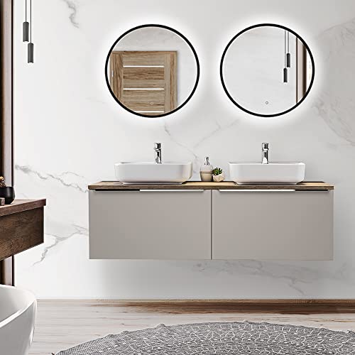 Lomadox Badmöbel Komplett Set Taupe mit Vintage Eiche, 160cm Doppel-Waschtischunterschrank mit 2 Keramik Waschbecken, 2 LED-Spiegel 60cm Lomadox Badmöbel Komplett Set Taupe mit Vintage Eiche, 160cm Doppel-Waschtischunterschrank mit 2 Keramik Waschbecken, 2 LED-Spiegel 60cm von Lomadox